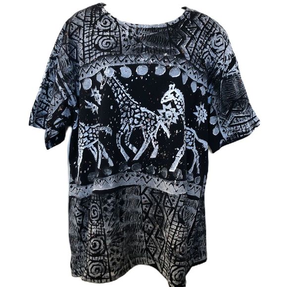 Vintage 1990s EZL Women's Black Painted Mayan Aztec Style Top and Pants Set - Picture 3 of 12